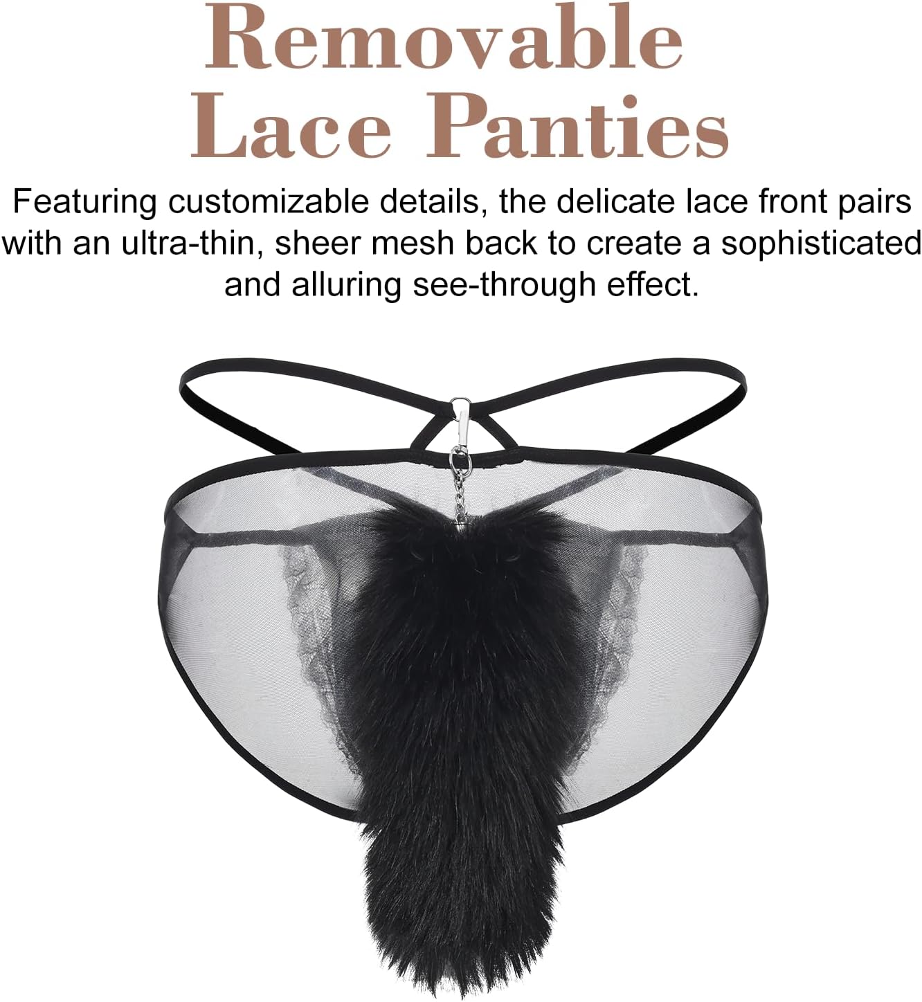 Men's Lace Briefs | Eyelash Lace, Sheer Mesh, Detachable Faux Fur Tail