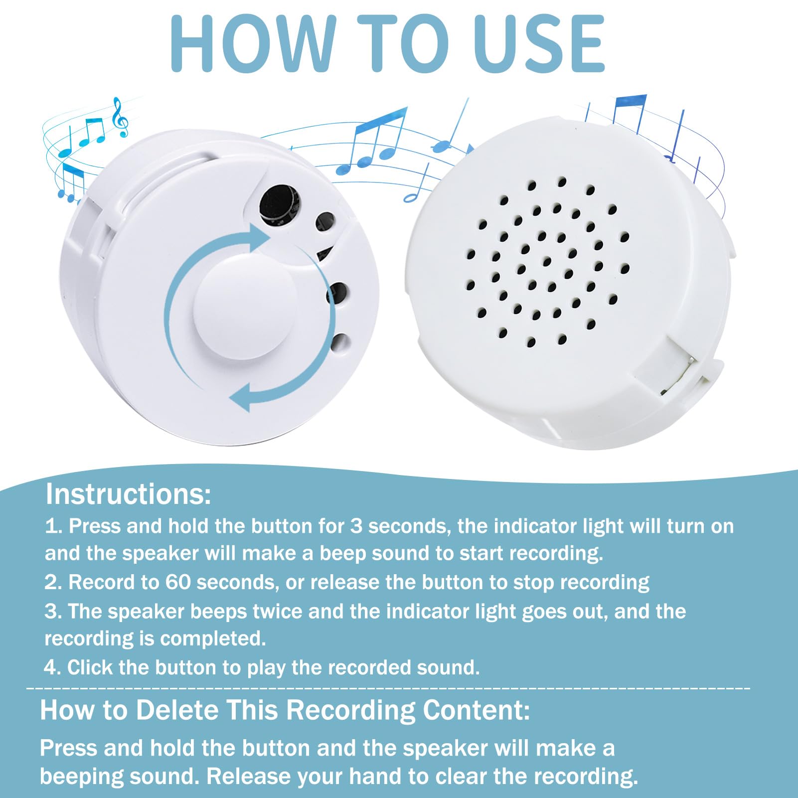 2pcs 60 Seconds Mini Voice Recorder for Teddy Bear Recordable Button Sound Box for DIY Gifts Voice Recorder Device for Kids Voice Box Message Voice Recorder for Personalized Talking Plush Toys White - Image 3