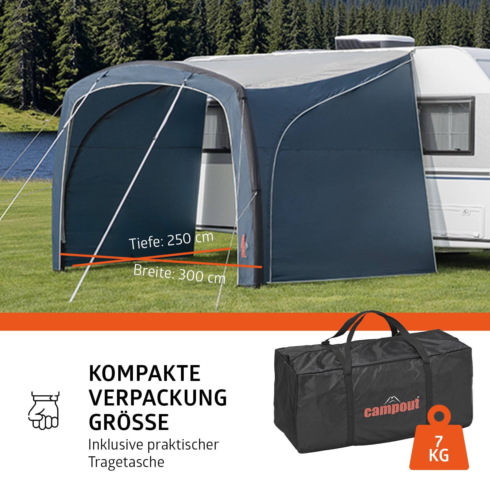Campout Aufblasbares Vorzelt für Wohnwagen & Wohnmobil – 300 x 250 cm – 3000 mm Wassersäule – Anbauhöhe 235-250 cm – Aufbau in 15 Min – Inkl. Pumpe & Sturmabspannleinen