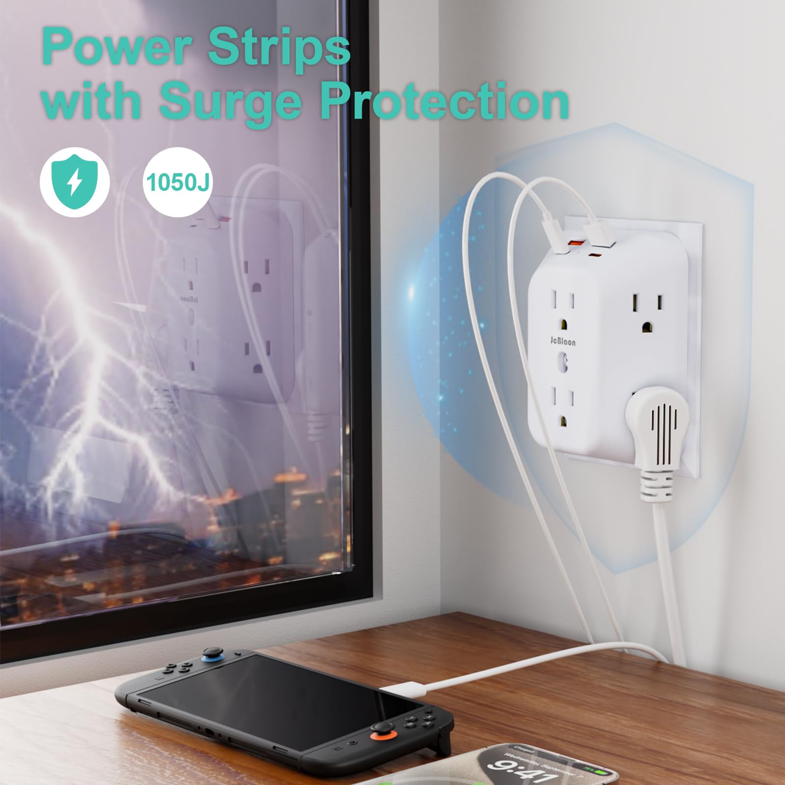 Steckdosenleiste, Überspannungsschutz, 6 Port Verlängerungskabel mit 4 USB Ports (2x USB A, 2x USB C), 4er Pack Power Board, Wandsteckdosenadapter reserviert für Reisen in