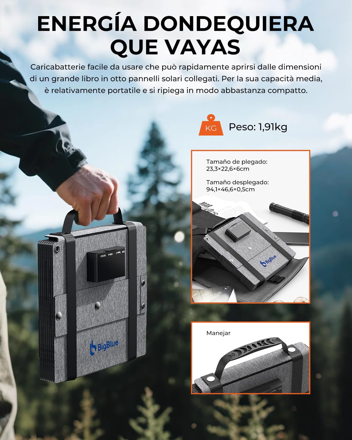 BigBlue Cargador Solar Plegable de 60W, ETFE Panel Solar Portátil QC3.0+PD45W+Salida de CC de 22,2V 【IP68 Resistente al Agua y Soporte】 para Acampada, Compatible con Celular Tableta Generador Solar