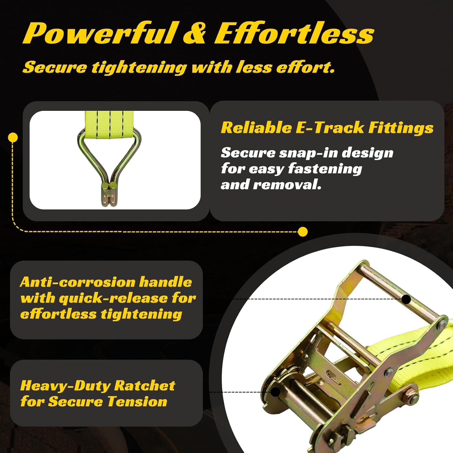 6 Pack 2" x 15' Heavy Duty Ratchet Straps - 4500LBS Break Strength - Tie Down Straps with J-Hooks for Trucks, Trailers, Motorcycles, and Cargo（Yellow） - Image 3