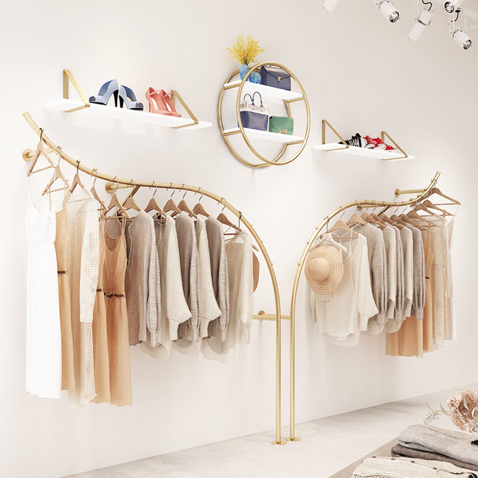 Estantes de exhibición montados en la Pared para Tiendas de Ropa, Perchas Modernas de Metal Dorado para Tiendas minoristas, Varillas Colgantes para armarios, lavadero
