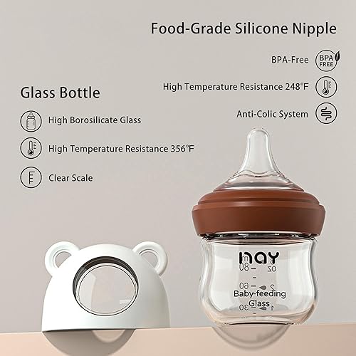 Miniatura 7 de Biberón de vidrio natural para bebés que amamantan, biberón anticólicos recién nacido de 3 onzas con pezones de flujo lento (SS), transparente,