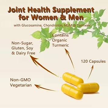 Joint Health Supplement with Glucosamine, MSM, Turmeric & Boswellia, Relief Support for Back, Knees, Hands | Women & Men - 120 Capsules