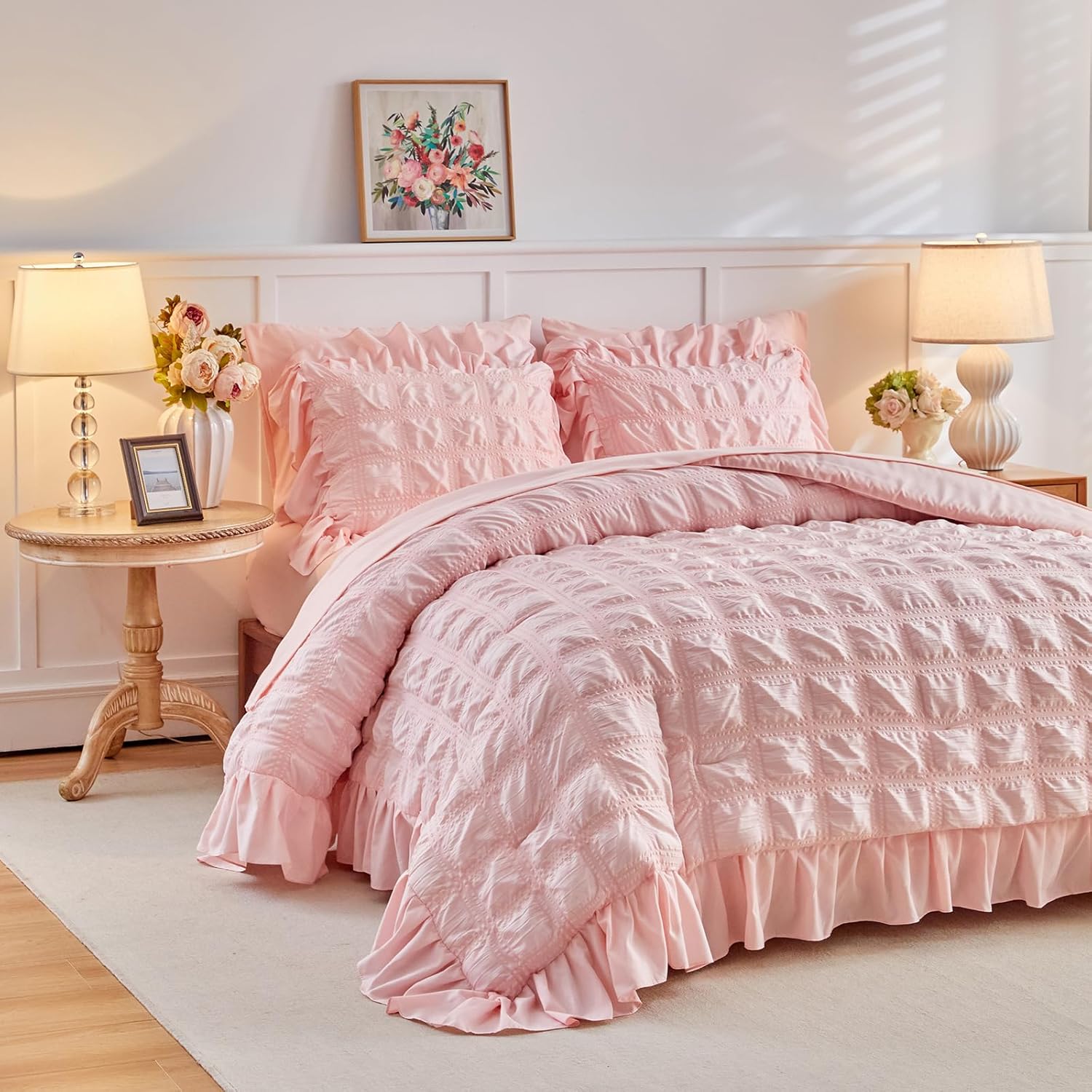 Tititada Blush Pink Plaid Seersucker Comforter Set with Ruffled Fringe Twin Size, 3 Pieces Soft Fluffy Farmhouse Bedding Set for All Season, Twin Bed Set with Ruffle Shams (Blush Pink, Twin)