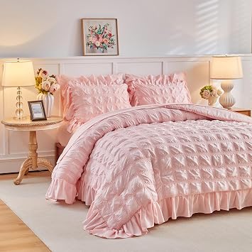 Tititada Blush Pink Plaid Seersucker Comforter Set with Ruffled Fringe Twin Size, 3 Pieces Soft Fluffy Farmhouse Bedding Set for All Season, Twin Bed Set with Ruffle Shams Blush Pink, Twin