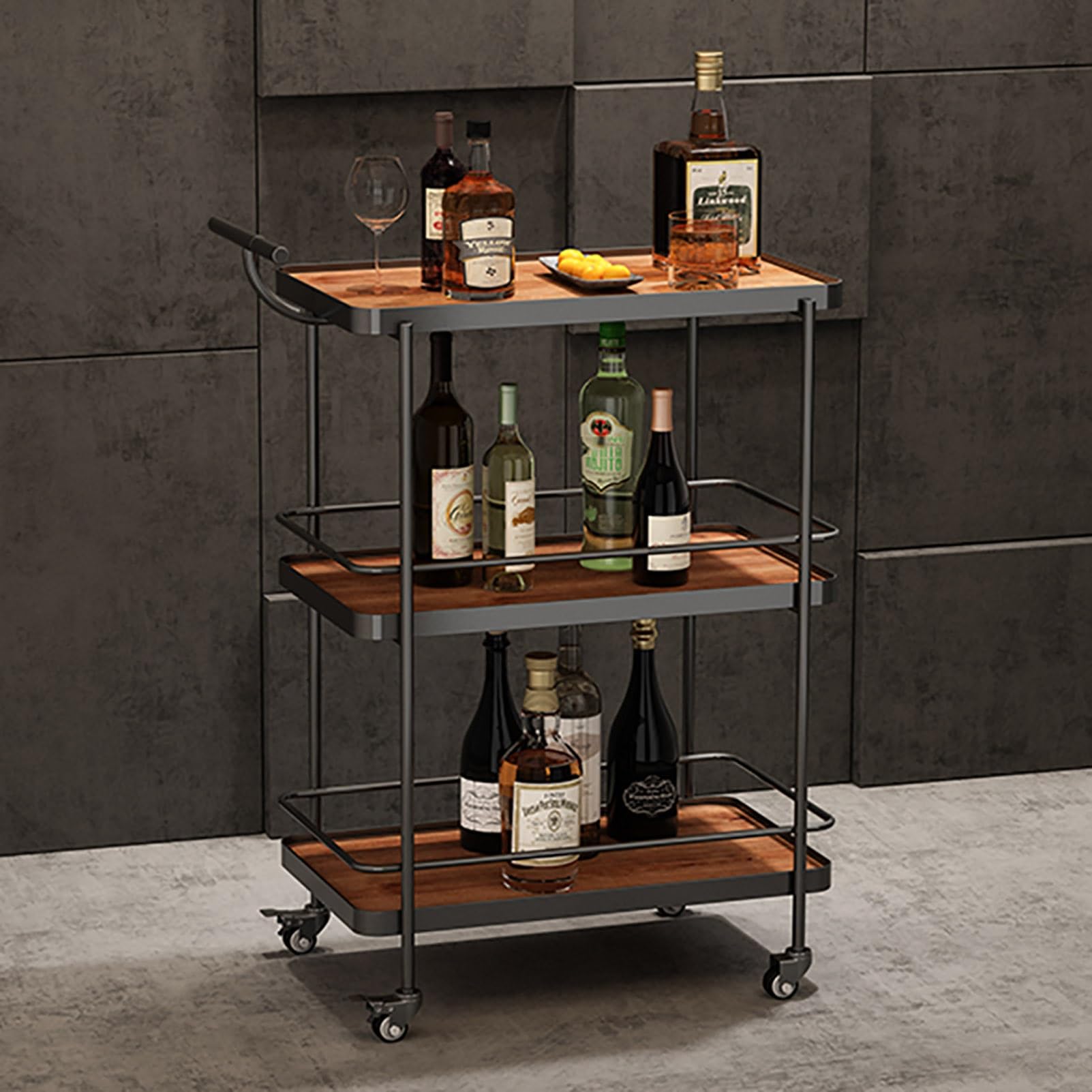 Carrito de servicio de bar para el hogar, carrito de cocina rodante de 3 niveles con ruedas y asa, elegante carrito de bebidas para uso en comedor y sala de estar, ideal para entretener a los