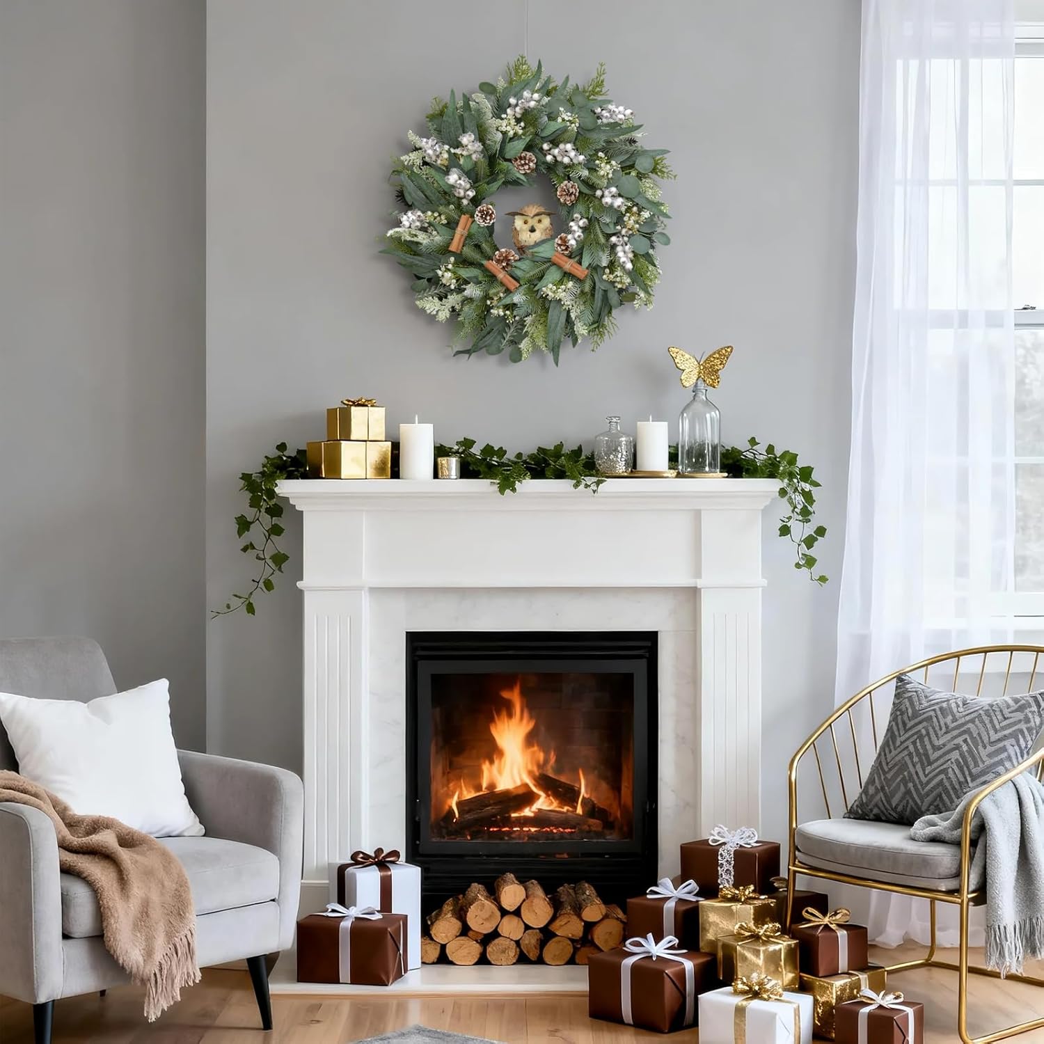 24 Inch Winter Wreaths for Front Door, Large Size Winter Wreath with Owl, Cinnamon Sticks, Pinecones and White Berries for Christmas Indoor Outdoor Decor, Snowy Theme Home Decoration