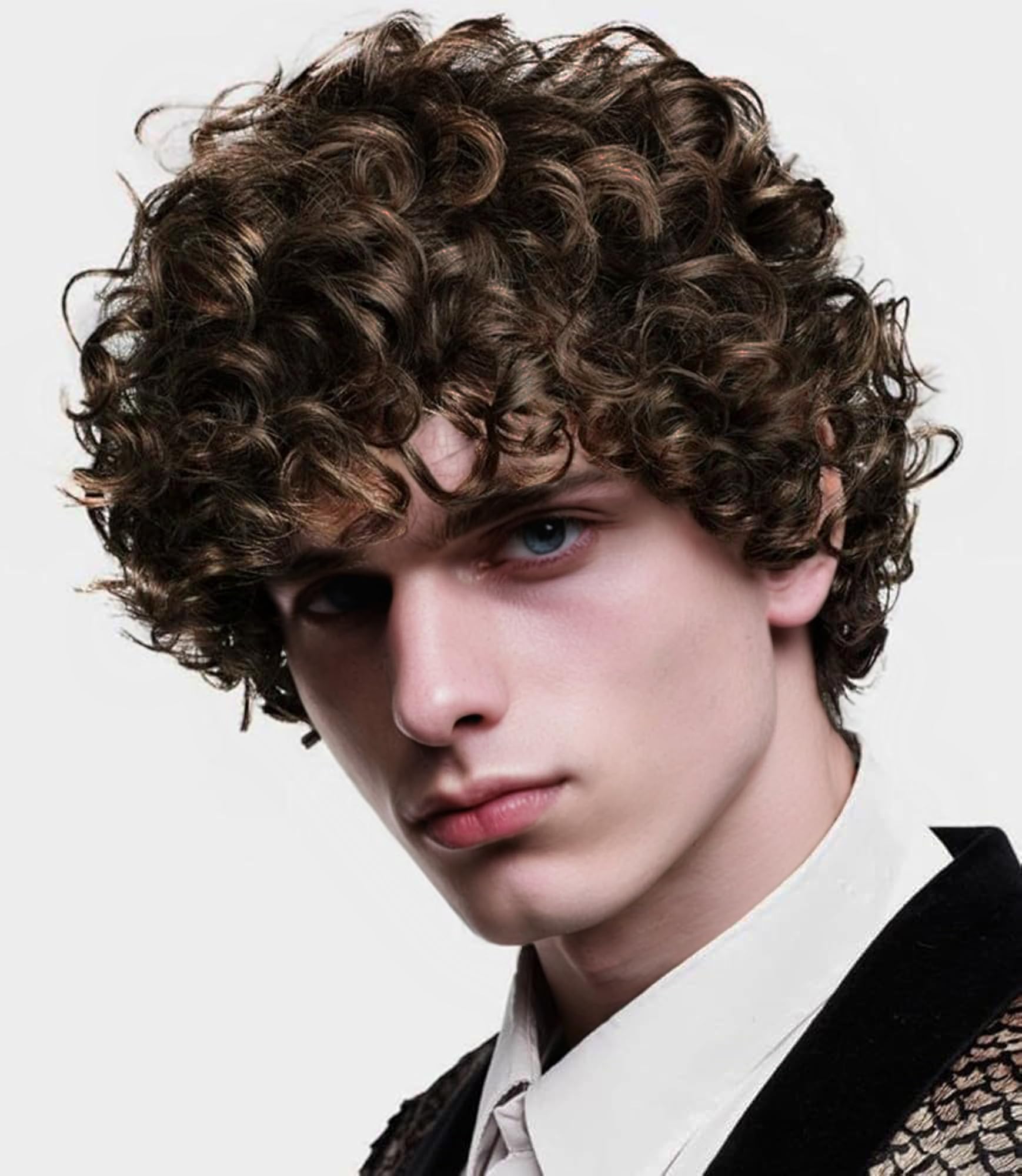 Amnenl Dark Brown Curly Wig Short Fluffy Afro Wigs for Men Cosplay Daily 70s Rocker Male Wigs(Brown Mixed Glonde)