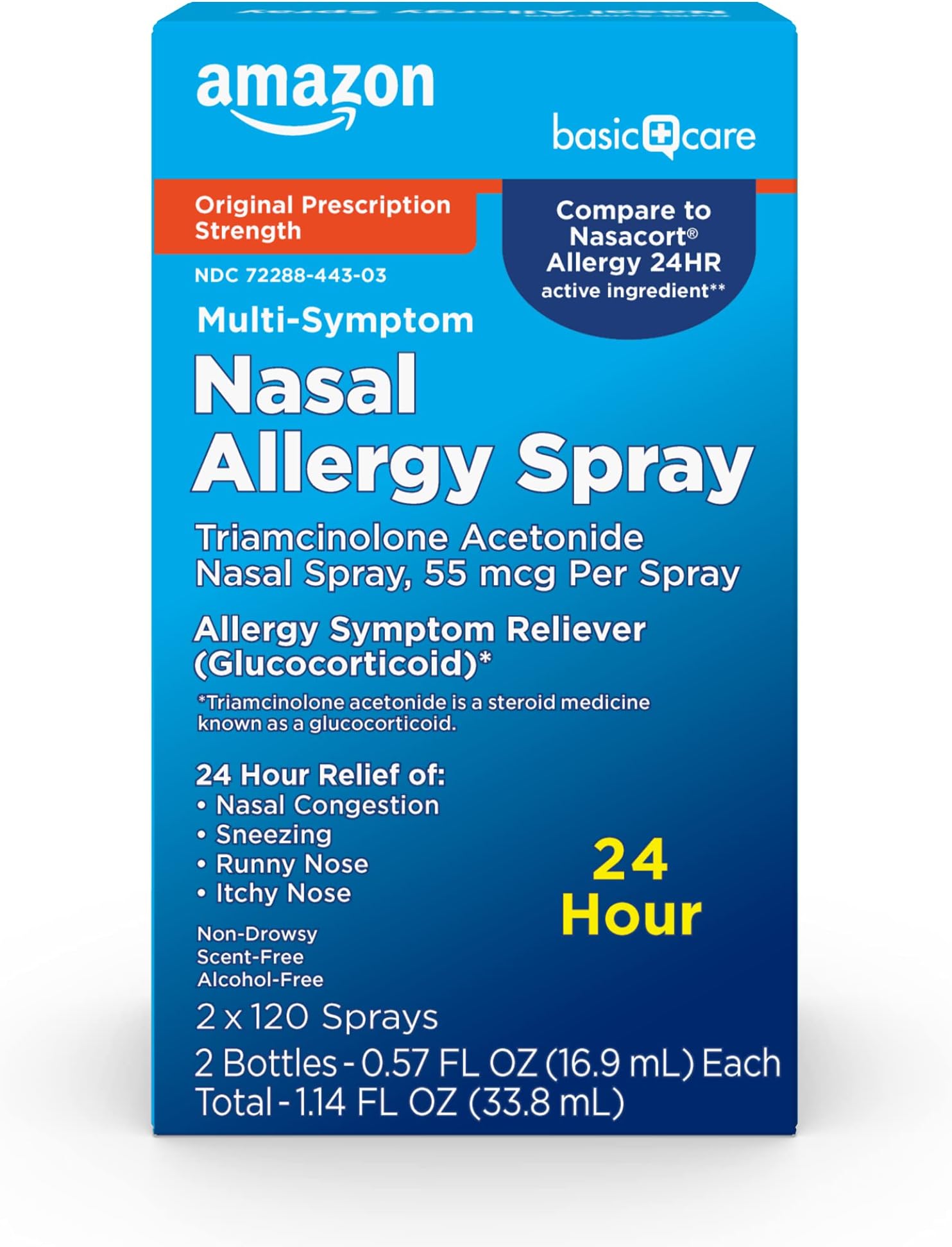 Multi-Symptom Triamcinolone Acetonide Nasal Allergy Spray, 24-Hour Non-Drowsy Allergy Relief, 55 mcg, 0.57 fl oz (2-Pack)