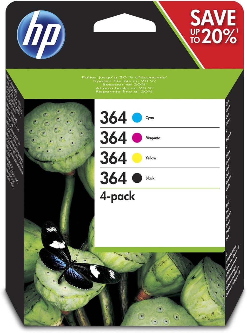 HP 364 4-Pack Black/Cyan/Magenta/Yellow Original Ink Cartridges, Black, Cyan, Magenta,Yellow Multipack, 4 pcs