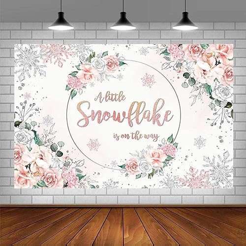 Miniatura 3 de Telón de fondo de invierno de 7 x 5 pies para baby shower de niña rosa rubor plateado copo de nieve floral del país de las maravillas fondo de