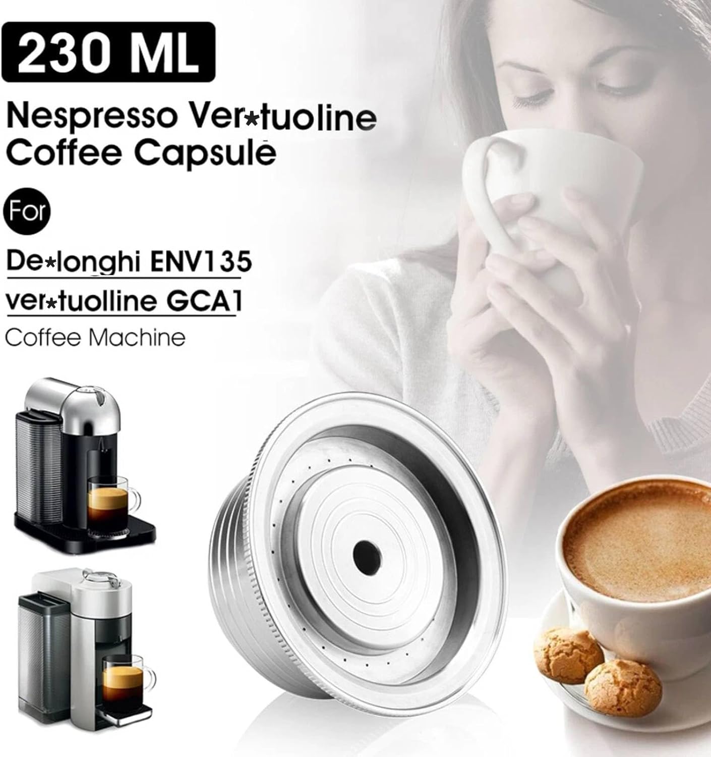 Stainless Reusable Coffee Pod Capsule Cup 230ml For Nespresso Vertuoline ENV135 Refillable Coffee Capsule Filter Espresso Size 230ml/8oz
