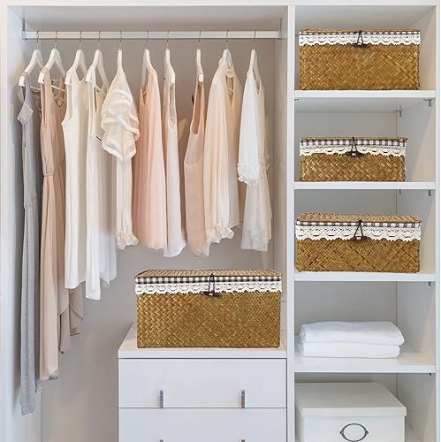 Miniatura 6 de Hipiwe Cesta de mimbre tejida con tapa y forro cesta de pasto marino natural para baño armario cocina organizador de despensa cesta decorativa