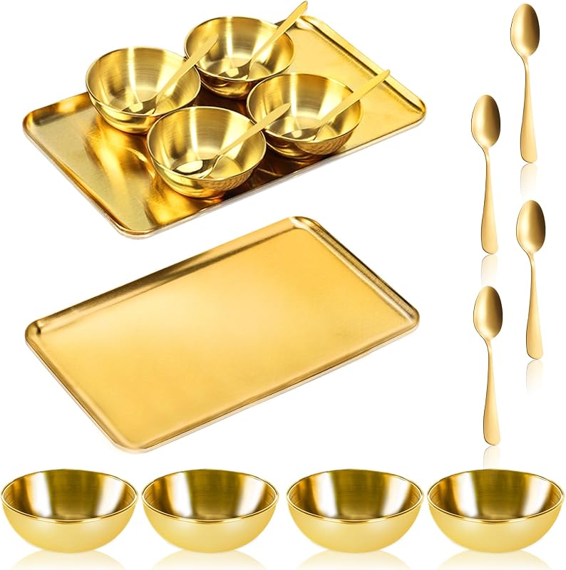 Conjunto DLUGOPIS com bandeja dourada, 4 tigelas e 4 colheres de aço inoxidável para cosméticos — 9 peças