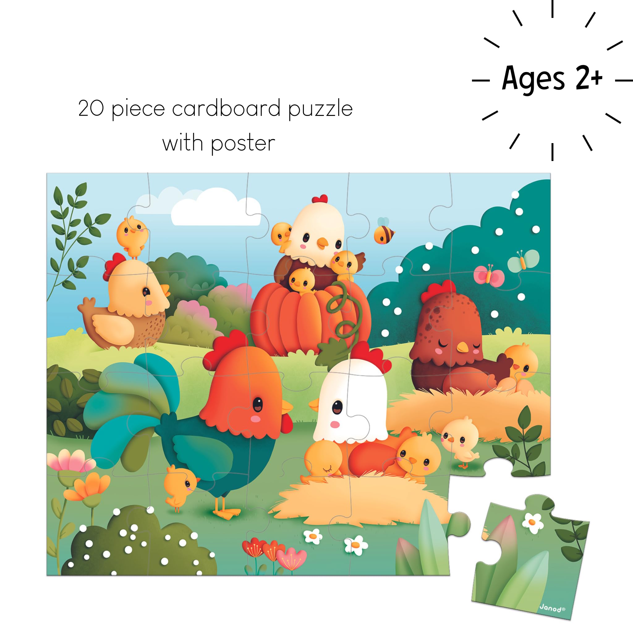 Janod 20-teiliges Kinderpuzzle – Willkommen auf dem Bauernhof – Geschenktasche mit Stoffgriff – Alter 2–4 Jahre – J03328