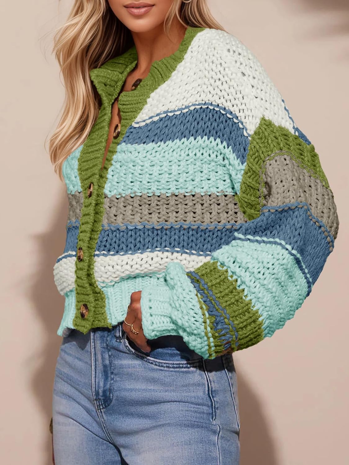 Saodimallsu Womens Striped Chunky Cardigan Sweaters Button Up Fall Trendy Color Block Long Sleeve Knit Sweater Coats - Image 4