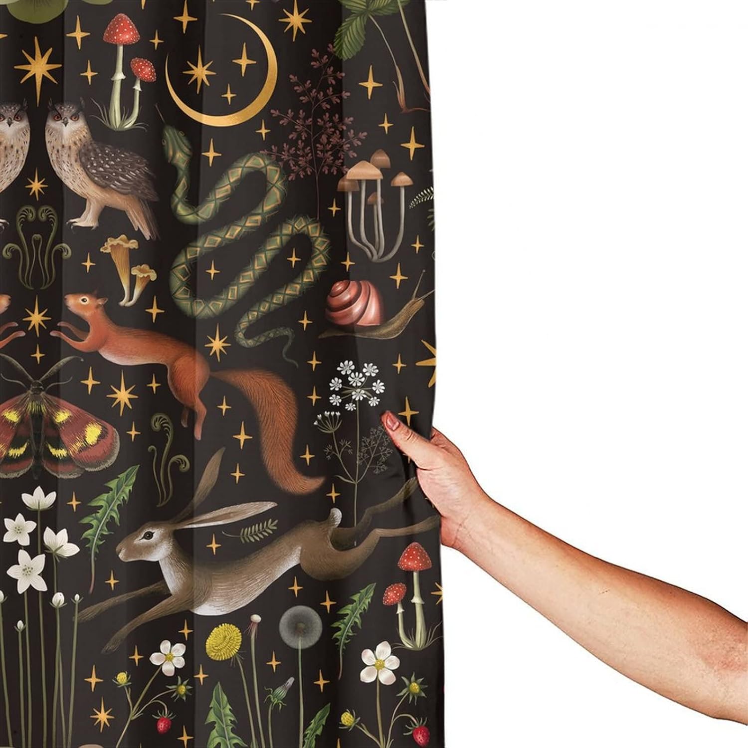 Rustic Forest Shower Curtain Fairy Tale Forest Land Moon Star Print Wild Animals Moth Mushroom Flowers Plants Suitable for Farmhouse Cottage Polyester Fabric for Bathroom 72x72inch(183x183cm)