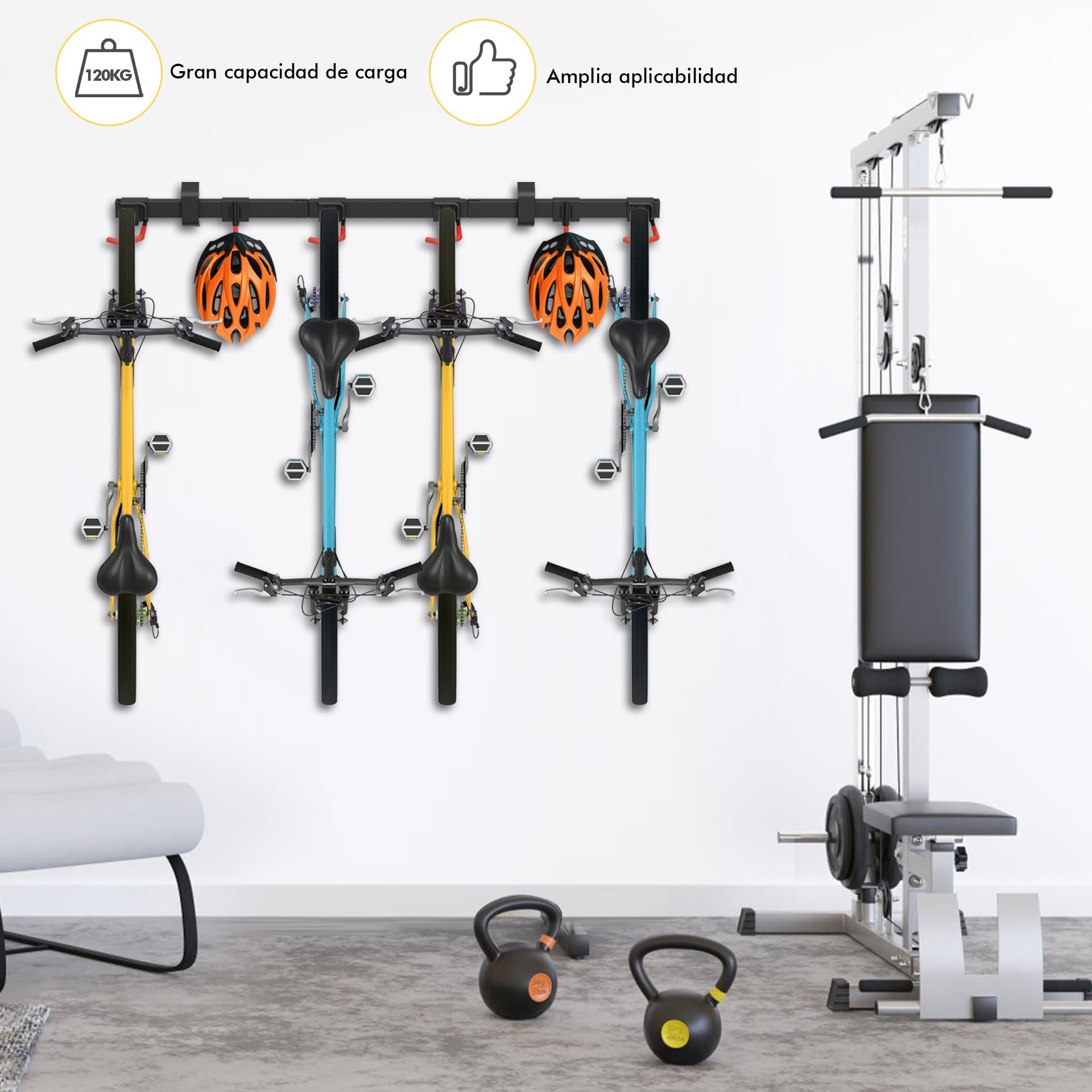 Mimoke Soporte de pared vertical para bicicleta | Adecuado para todas las bicicletas | Ganchos ajustables | Solución de organización para casa y garaje (para 4 bicicletas 2 ganchos para cascos)