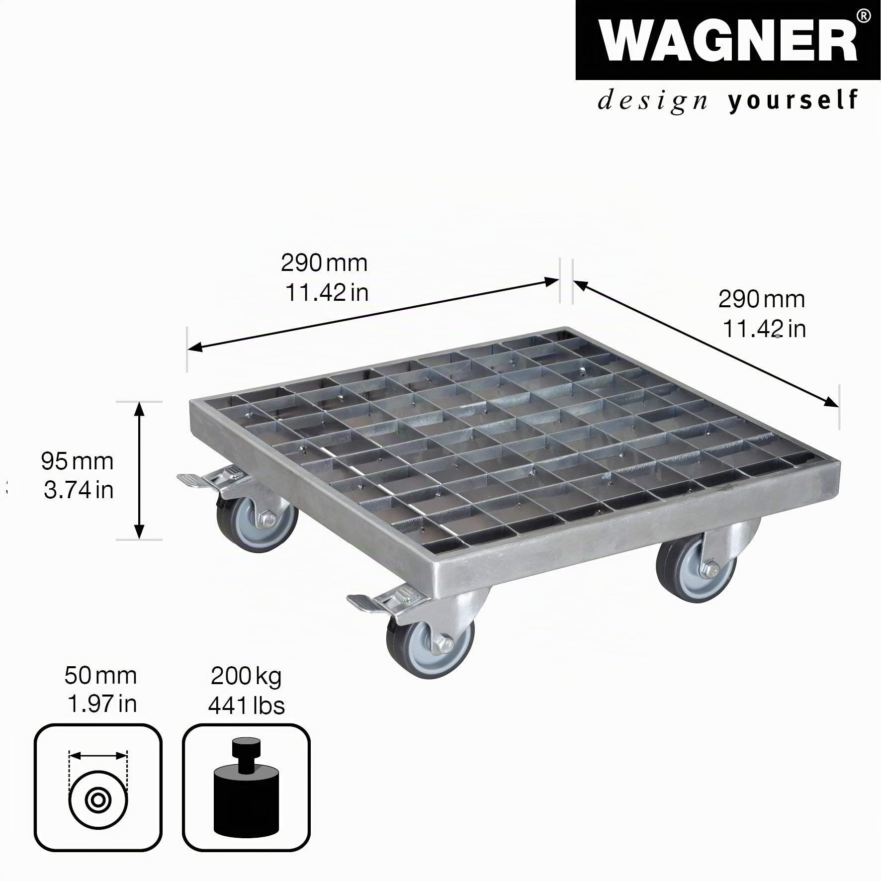 WAGNER Support à roulettes pour pot de fleur INDUSTRIAL STYLE 29 x 29 x 9,5 cm I intérieur+extérieur I Acier grille galvanisé argent I 2 freins I Capacité de charge 150 kg I Made in Germany - 20701501