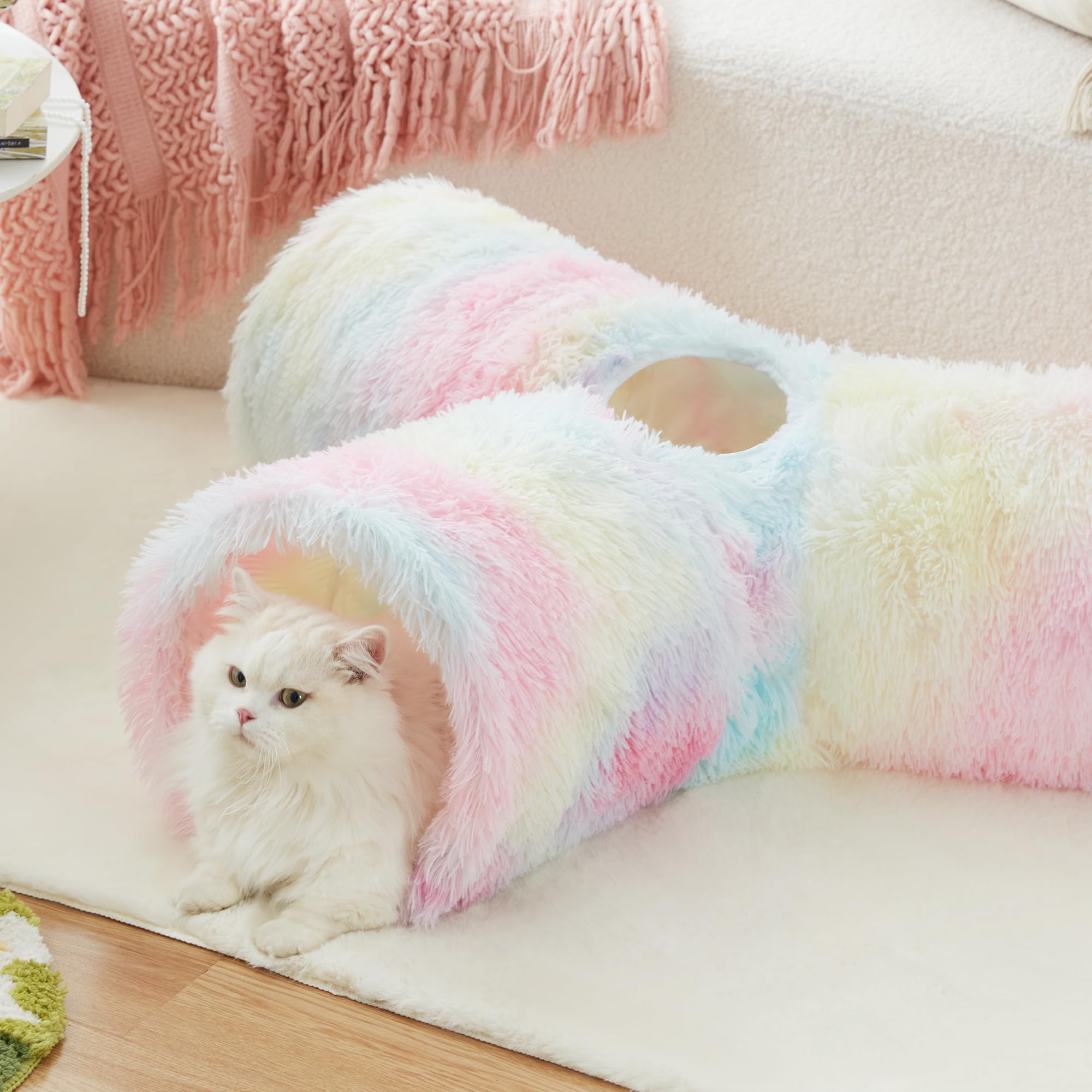 Tempcore Tunnel per gatti in peluche, pieghevole a 3 vie, tunnel per interni, giocattolo per animali domestici, gattino, coniglio, arcobaleno