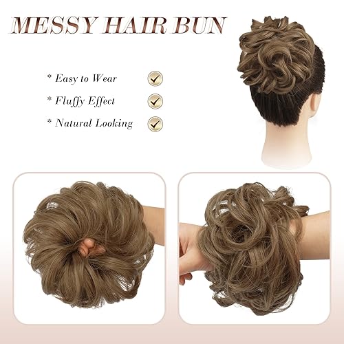 Miniatura 3 de FESHFEN - Extensiones de pelo rizado y desordenado para peinado, bandas elásticas con piezas de pelo sintético estilo moño, extensiones de cabello