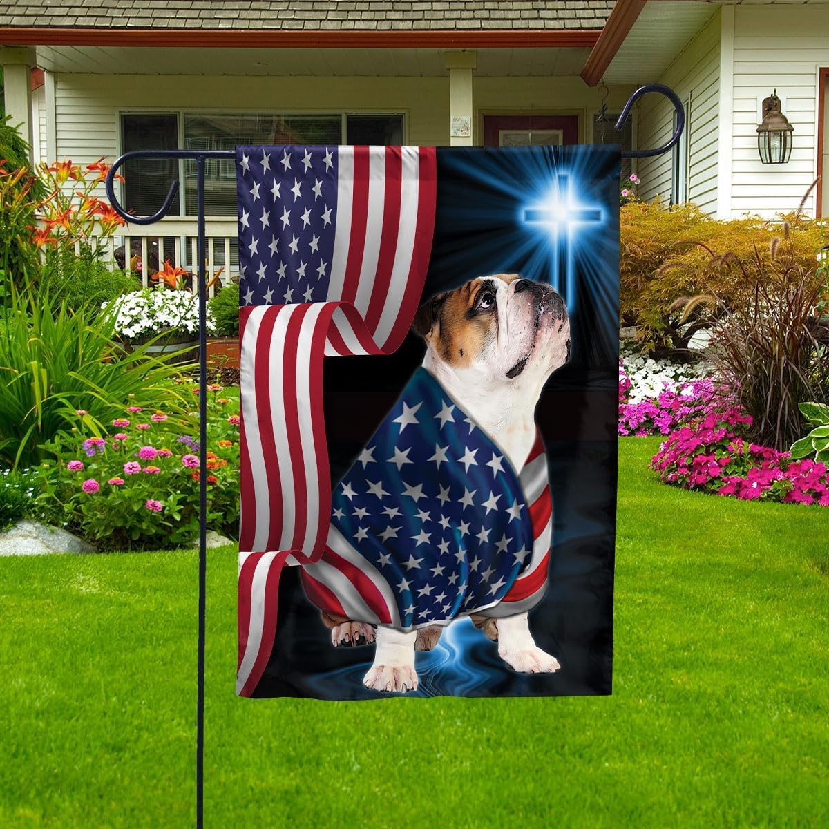 American-Flag Bulldog Dog Standing Under Cross American Patriotic Christian Jesus Lover House Flag (3x5) Double Sided-USA Flags Premium Polyester-Decorative Indoor Outdoor Flag