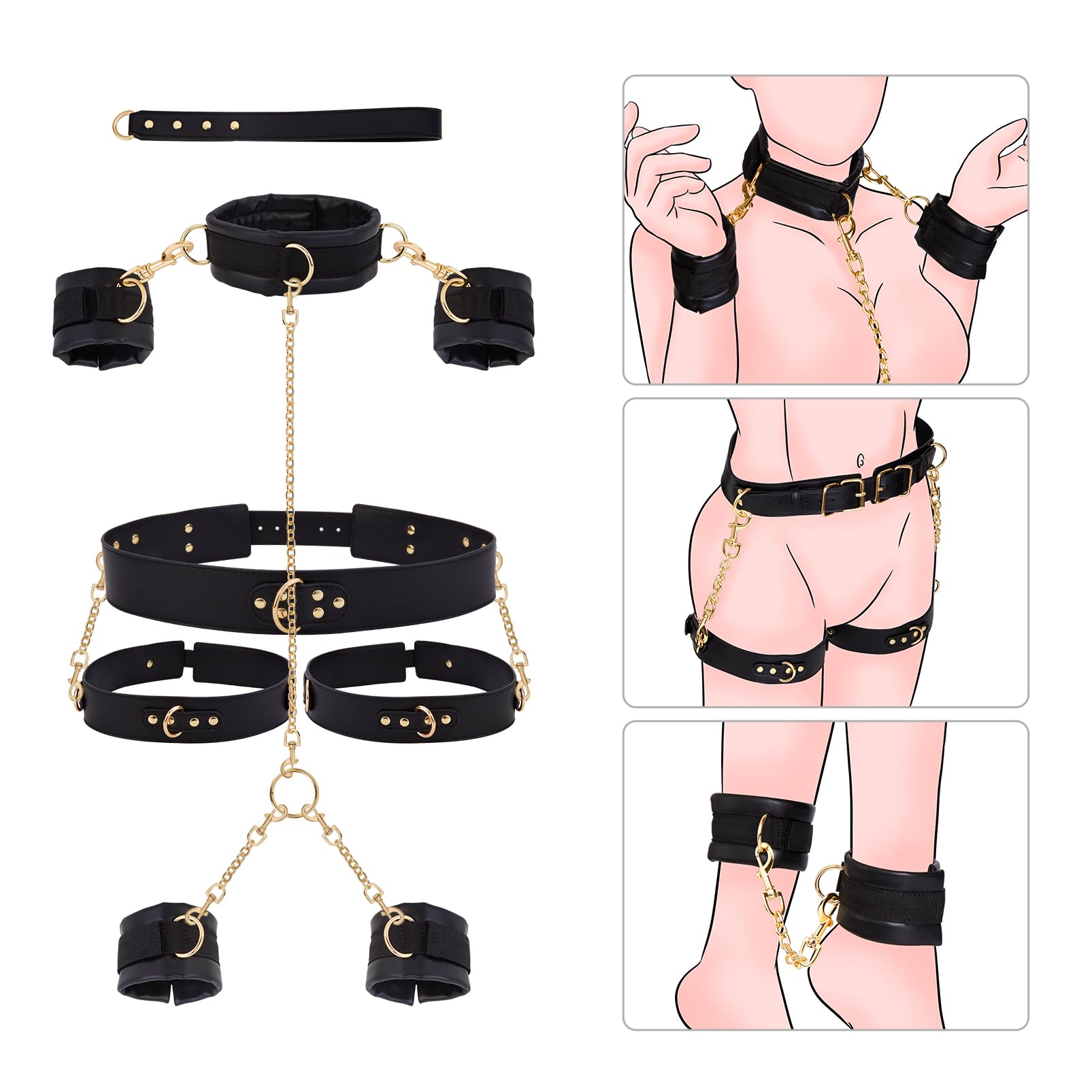 Sex Bondage BDSM Kit Restraints - UTIMI Adult Sex Toys for Couples Neck to Wrist SM Gear & Accessories Game 7PCS Sets with Adjustable Handcuffs Ankle Thigh Cuff Cross Waist Strap Traction Chain Collar