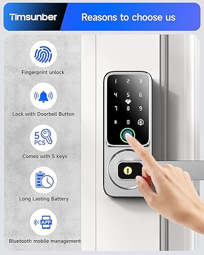 Miniatura 2 de Cerradura de puerta de huellas dactilares con asa, cerradura de puerta de entrada sin llave con teclado y timbre, cerraduras biométricas