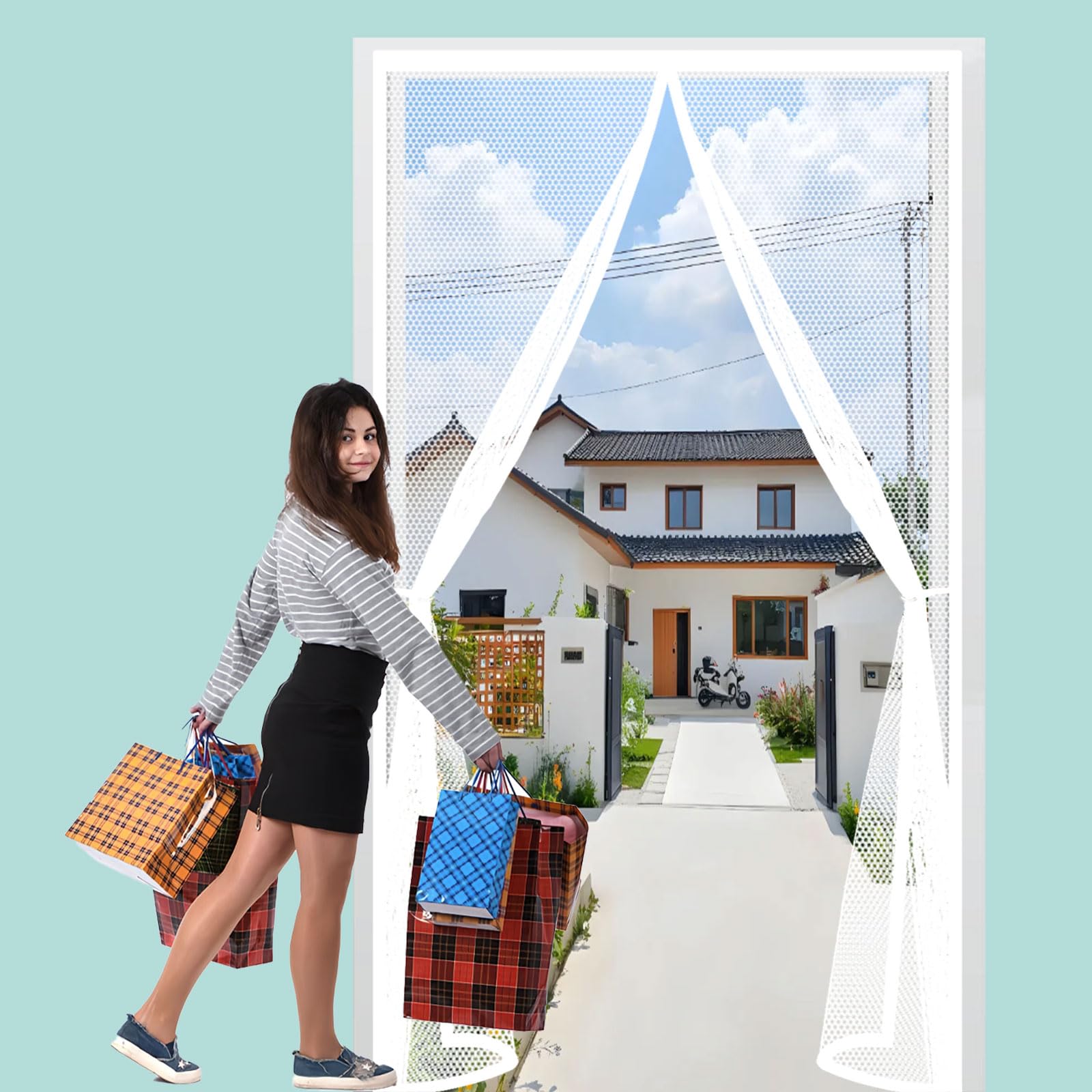 Liunadm White Magnetic Fly Screen Door 108 X 210 Cm Powerful Magnets Heavy Duty Self-Sealing Mesh Flyscreen French Doors Easy To Install Without Drilling For Balcony Patio Bedroom,