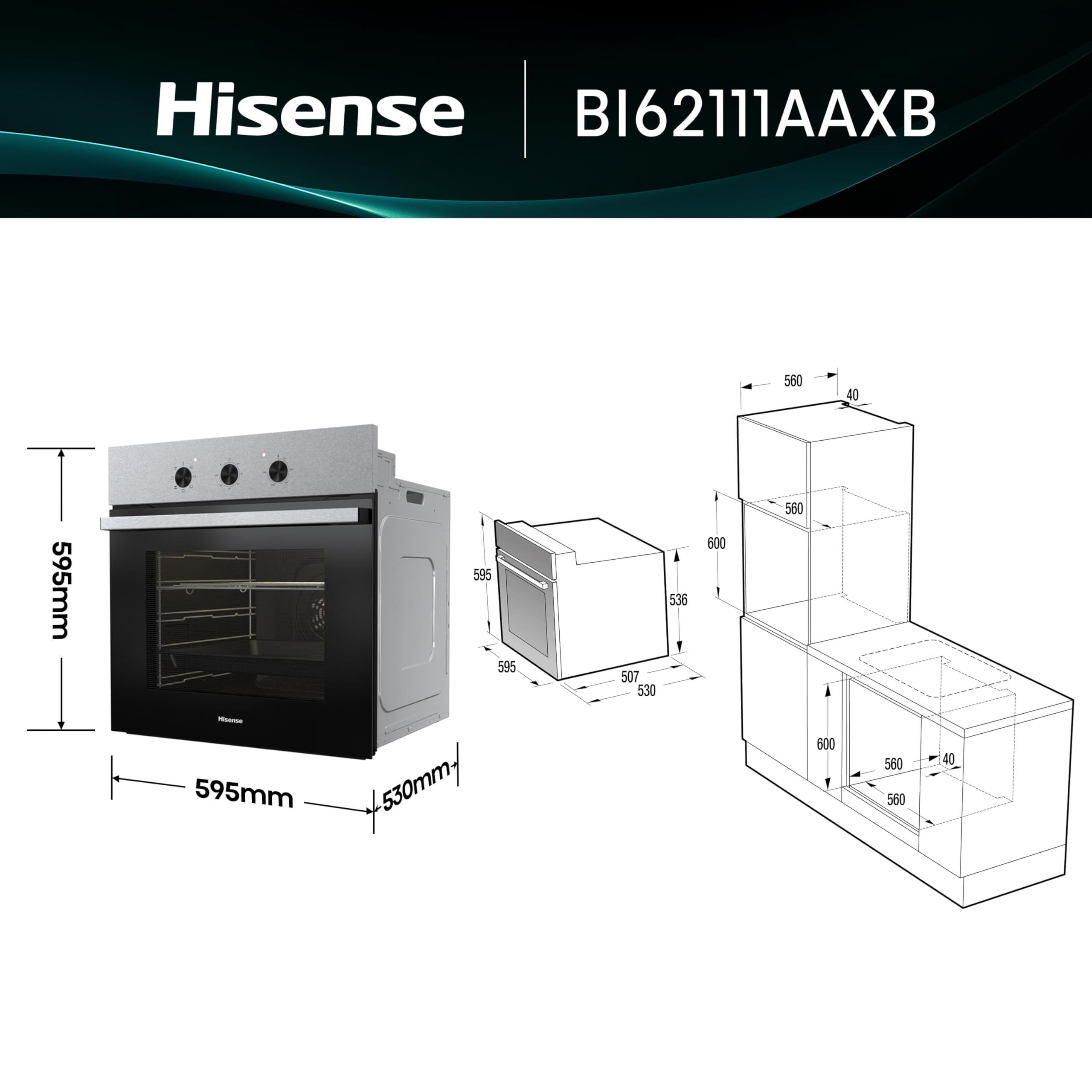 Hisense Forno Multifunzione 73 litri 60 cm Classe A Nero/Inox Guide telescopiche 7 funzioni 3 vetri
