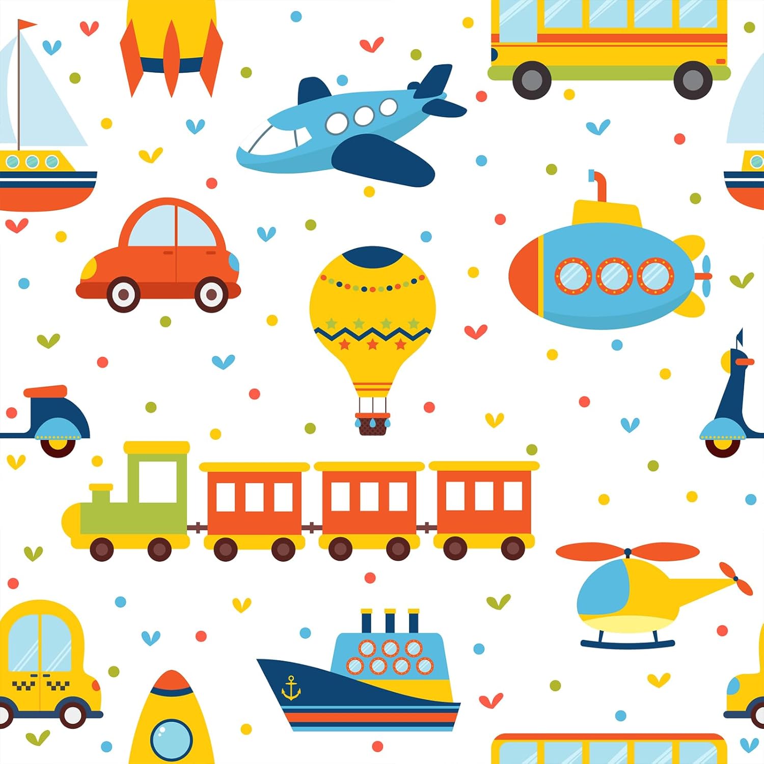 Cartoon Transports Wallpaper Peel and Stick 12"x393" Childish Car Train Airplane Ship Wallpaper for Kids Boys Bedroom Nursery Self Adhesive Cartoon Vehicles Contact Paper for Cabinet