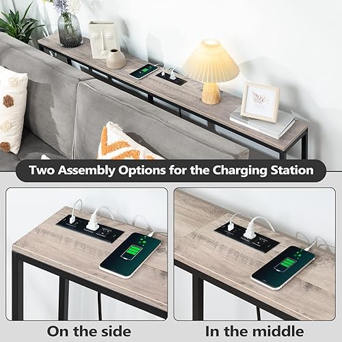 Miniatura 70 de Mesa consola con toma de corriente, mesa de sofá estrecha de 70.9 pulgadas, mesa de entrada industrial con puertos USB, mesa detrás del sofá para