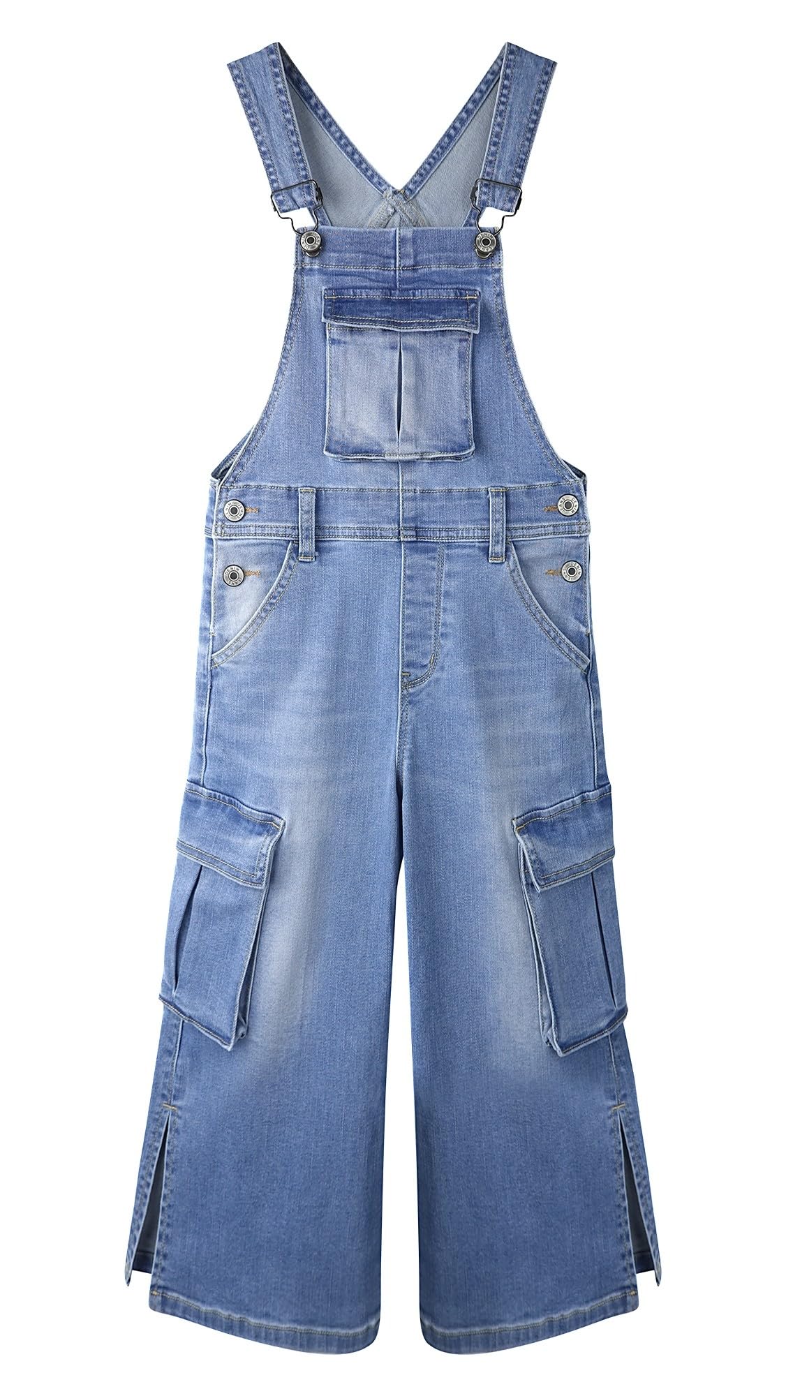 KIDSCOOL SPACE Salopette di jeans per ragazze, salopette di jeans cargo con fisarmonica a gamba larga, tasche con tacco profondo