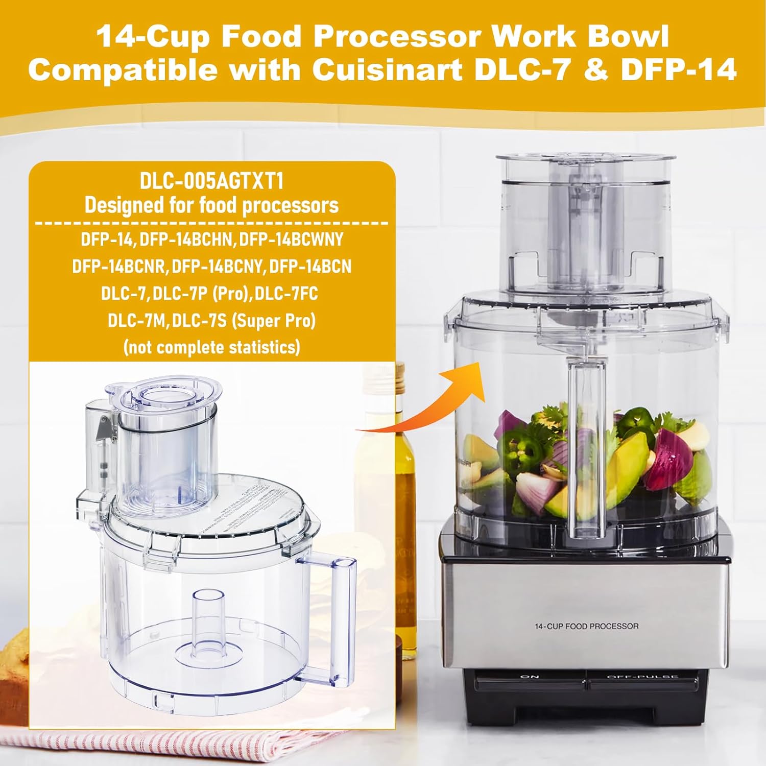 DLC-005AGTXT1 Replacement Food Processor Work Bowl, Contain: Pusher DLC-2014PT1, Small Pusher DLC-2014SPT1-1, Bowl Cover DFP-14NWBCT1 Fits All Cuisinart DFP-14 Models, 4-Piece Work Bowl Assembly Kit
