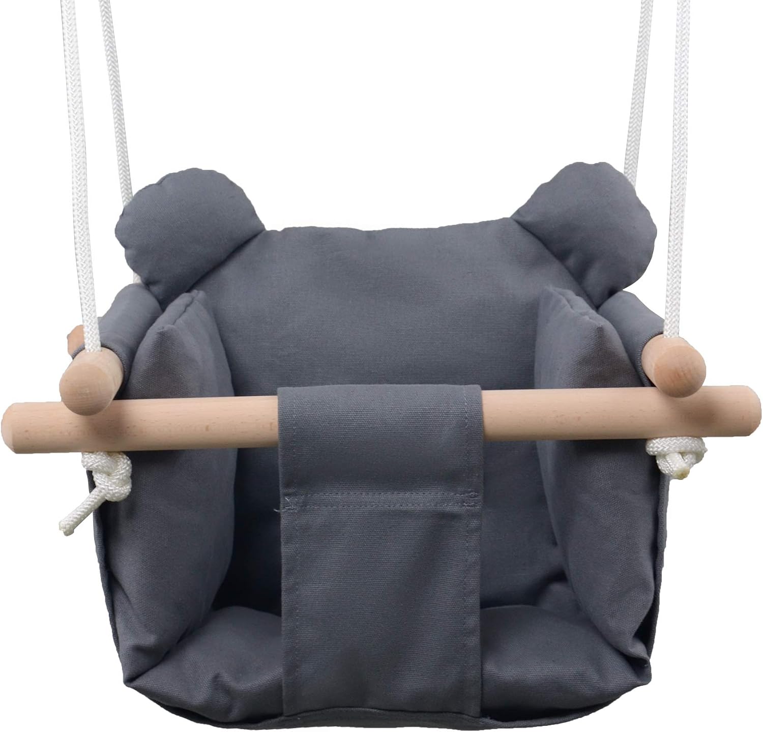 Baby Kids Toddler Canvas Swing Seat Chair - with Cushion - Bear Ear Decor (Grey)