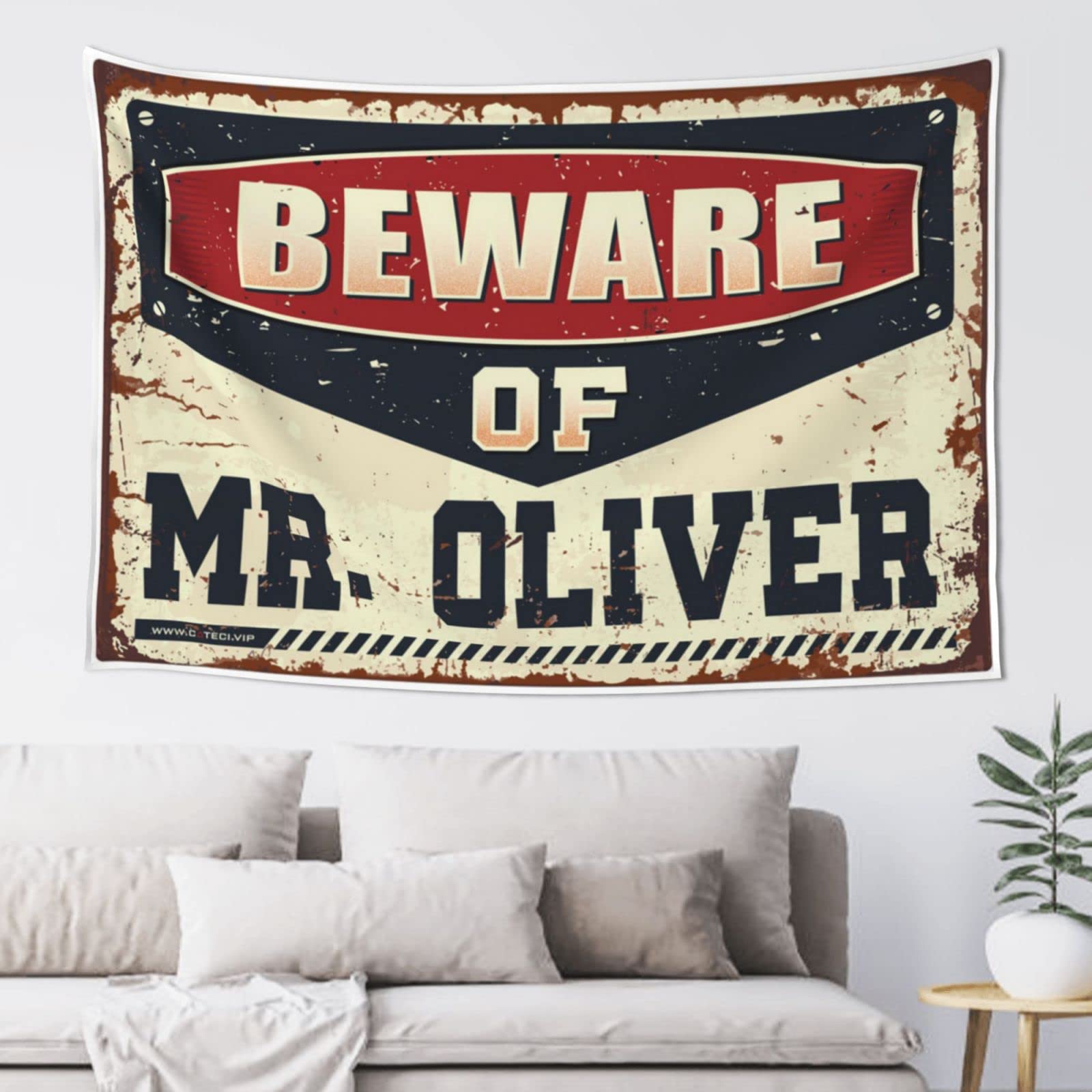 PRAVOXI Backyard Bar Decor Beware Of Mr. Oliver Tapestry Decor For Man Cave Stuff For Boys Room(100X150CM)