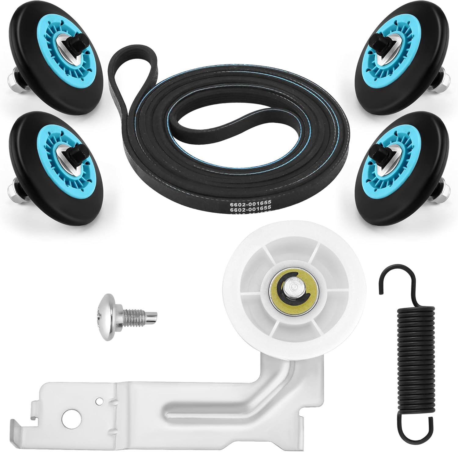DC97-16782A Dryer Parts Repair Kit for Samsung Dryer Roller Replacement,with DC93-00634A Idler Pulley, 6602-001655 Dryer Belt, DC61-01215B Spring
