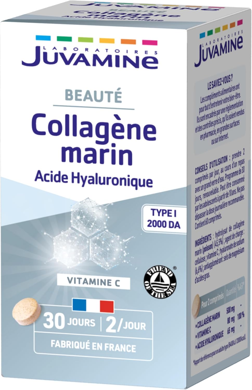 JUVAMINE Marine Collagen and Hyaluronic Acid, Vitamin C, Beauty, Skin and Joints, 30 Day Program, 60 Tablets, Made in France