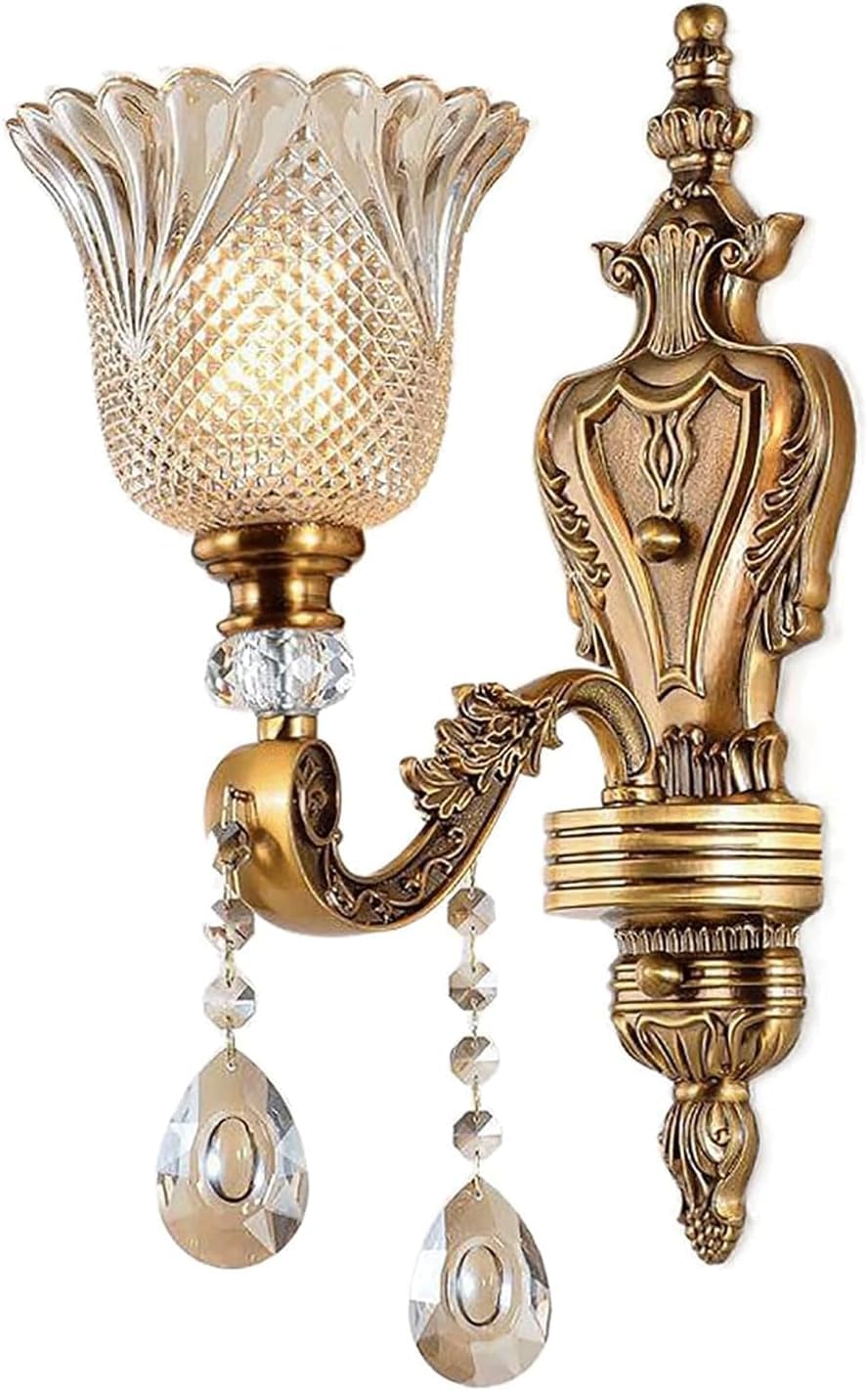 HUAYUSEDF European Living Room Wall Light,Retro French Crystal Lamp,Indoor Staircase Corridor Bedroom Bedside Single Head,Antique Floral Sconce for Bathroom Hallway