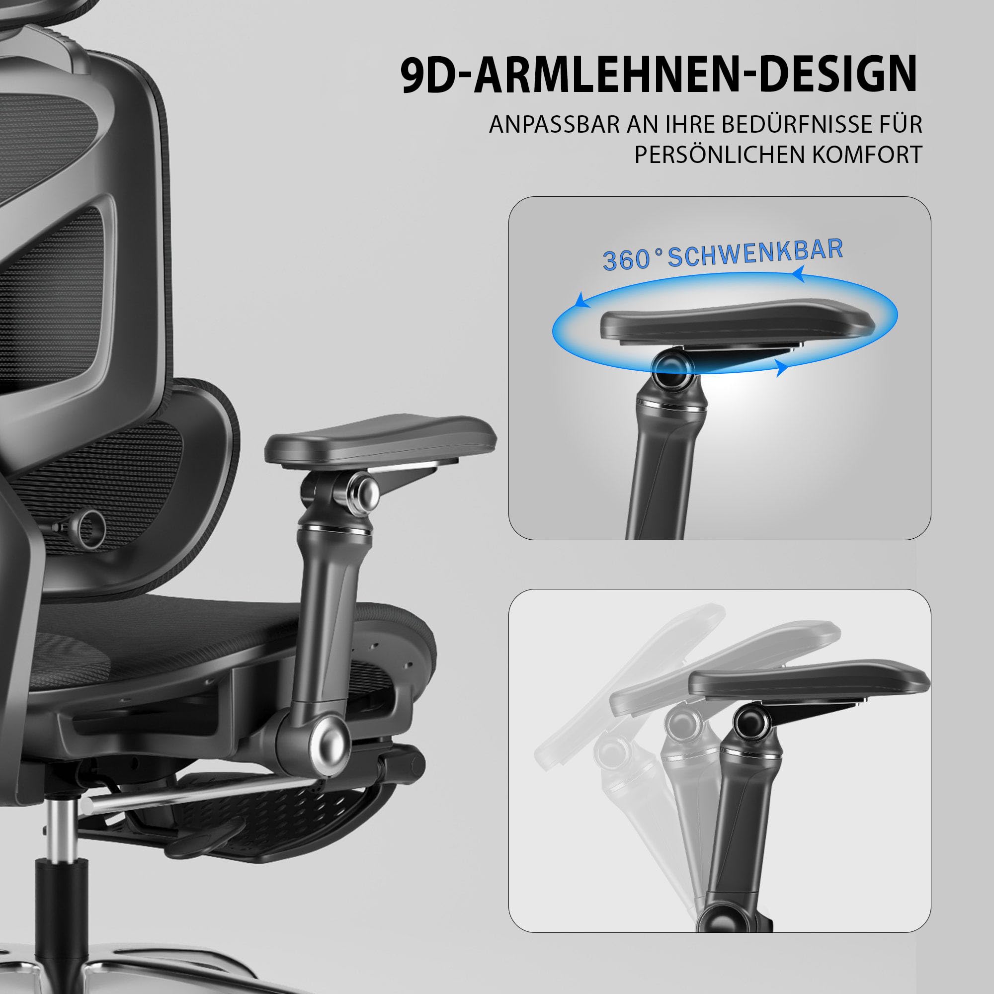 POSH Bürostuhl Ergonomisch mit Fußstütze & 9D Armlehnen - Schreibtischstuhl 145° Neigung mit Dynamischer Lendenwirbelstütze, Verstellbare Kopfstütze, Netzrücken & Aluminiumfußkreuz - bis 100kg