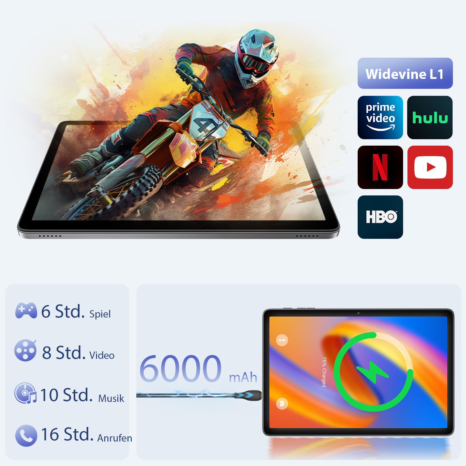 Tablet 10 Zoll, Android 15 Tablet mit Hülle, Maus & Tastatur, Octa-Core, 24 GB RAM + 128 GB ROM + 1 TB TF, 1280x800 HD IPS-Display, Duale Kamera, 6000 mAh, WiFi 6, BT 5.0, Widevine L1, GPS (Grau)