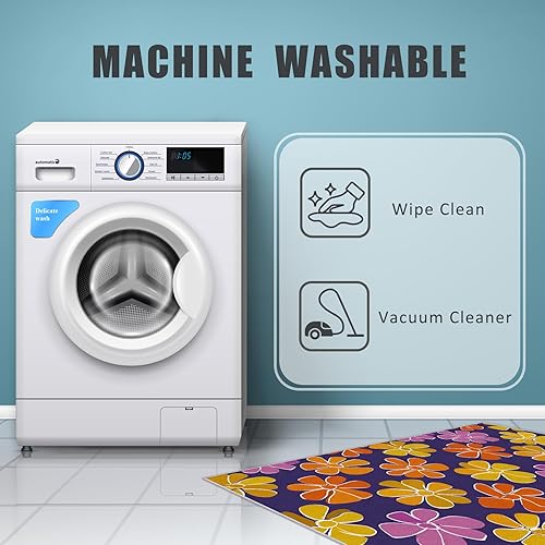 Miniatura 7 de Purple Flower Rugs for Living Room 7x8, Retro Floral Bedroom Carpet, Vintage 70s Bohemian Pattern Design Area Rug, Washable Non Slip Soft Area