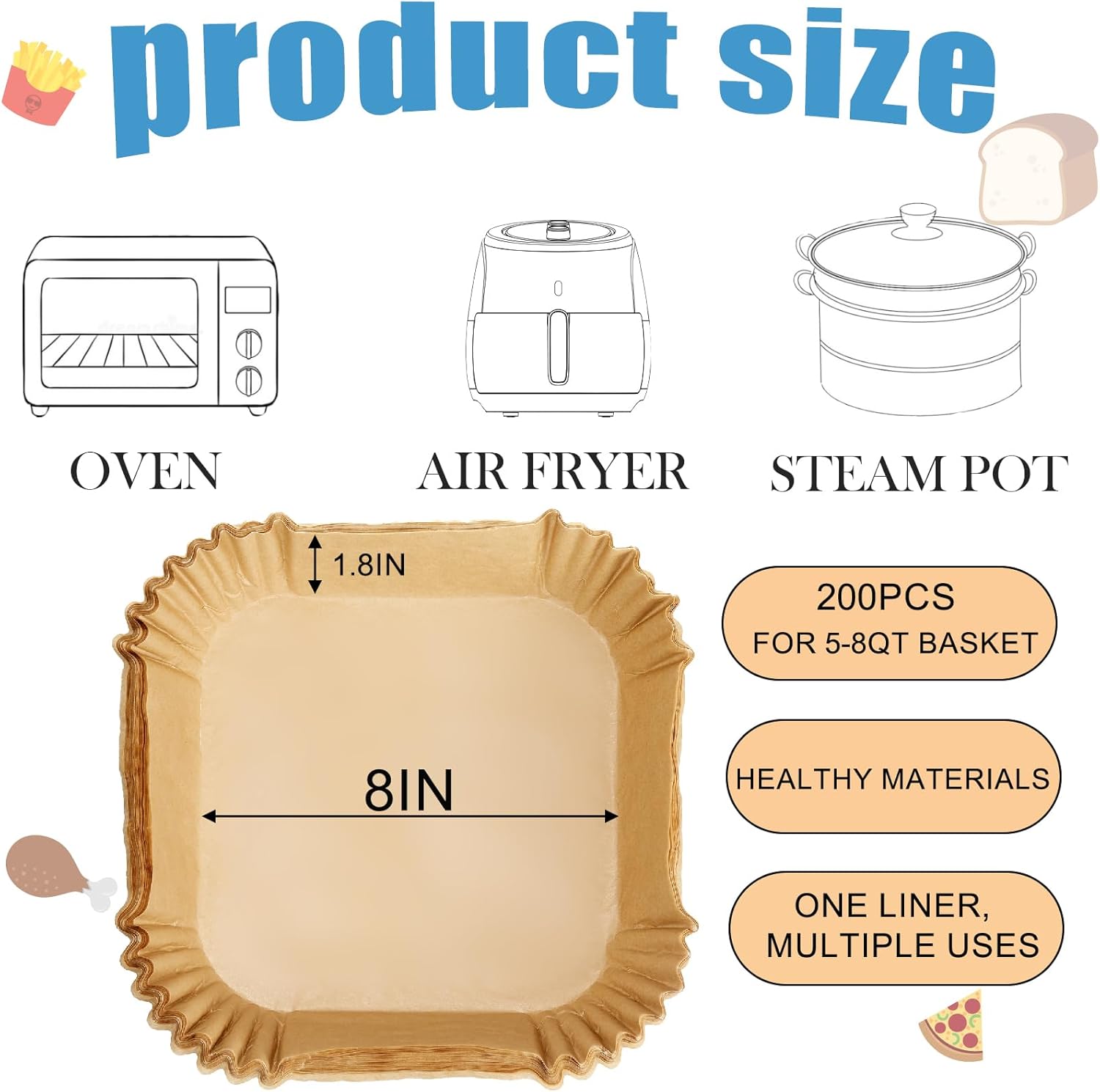 Thick Air Fryer Paper Liners Disposable Parchment Paper Non-Stick 200PCS Fit 5-8QT Air Fryer Liners Air Roasting Microwave Basket Oil-proof Resistant Baking Parchment Paper(Square, 8inch)