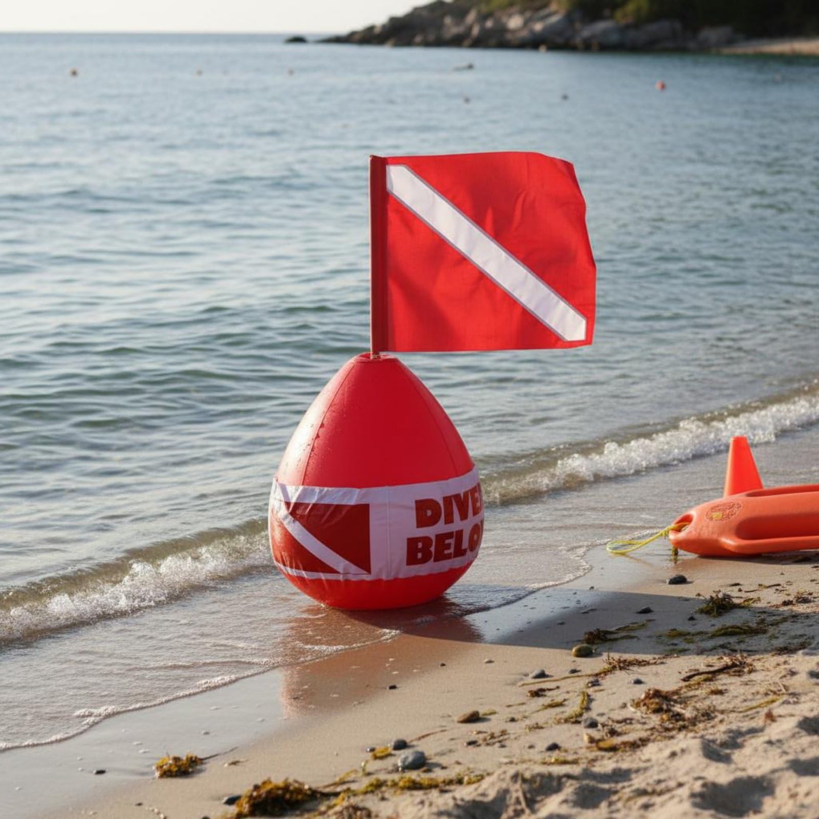 Bouée de Plongée Gonflable avec Drapeau Haute Visibilité, Bouée Marqueur Rouge Vif, Valve de Gonflage Rapide par la Bouche, Plongeur Signalisation « Diver Below » pour Mer et Lac