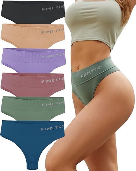 FINETOO 6 Pack High Waisted Thongs for Women, Nylon Spandex Panties Breathable Soft Stretchy Underwear High Rise S-XL