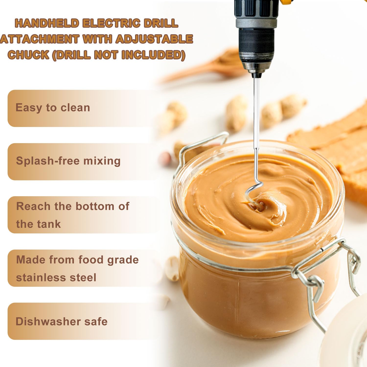 lasuroa 2stk Erdnussbutter Rührer, 30cm Edelstahl Nussbutter-Mixer Zubehör für Bohrmaschinen und Handmixer zum Mischen Verschiedener Mandel Erdnuss und Marmeladensorten(Silber)