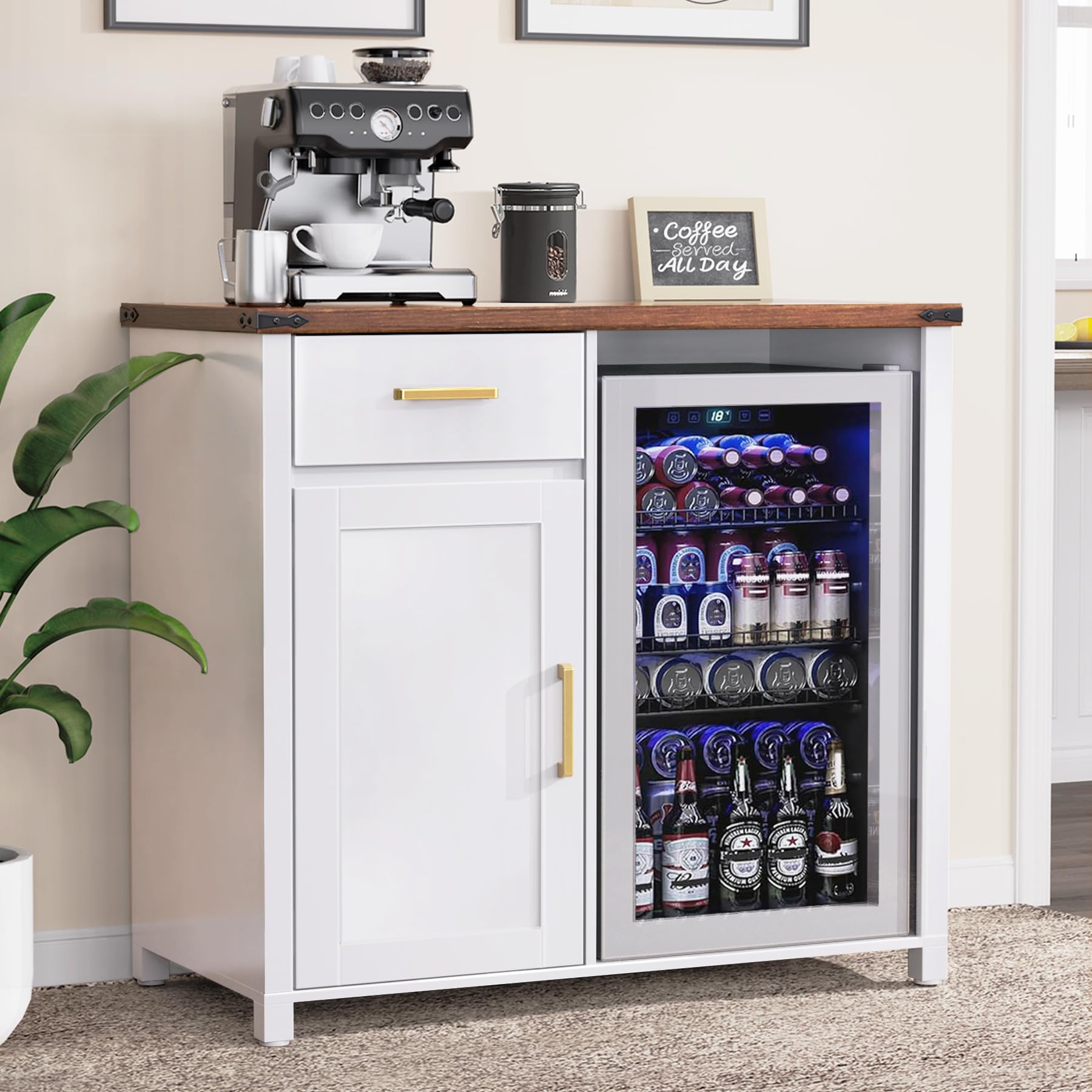 GDLF Coffee Bar with Mini Fridge Space, Mini Fridge Cabinet Stand，Liquor Wine Cabinet for Dorm, Kitchen or Office, 39.4" W X 20.9" D Tabletop，White