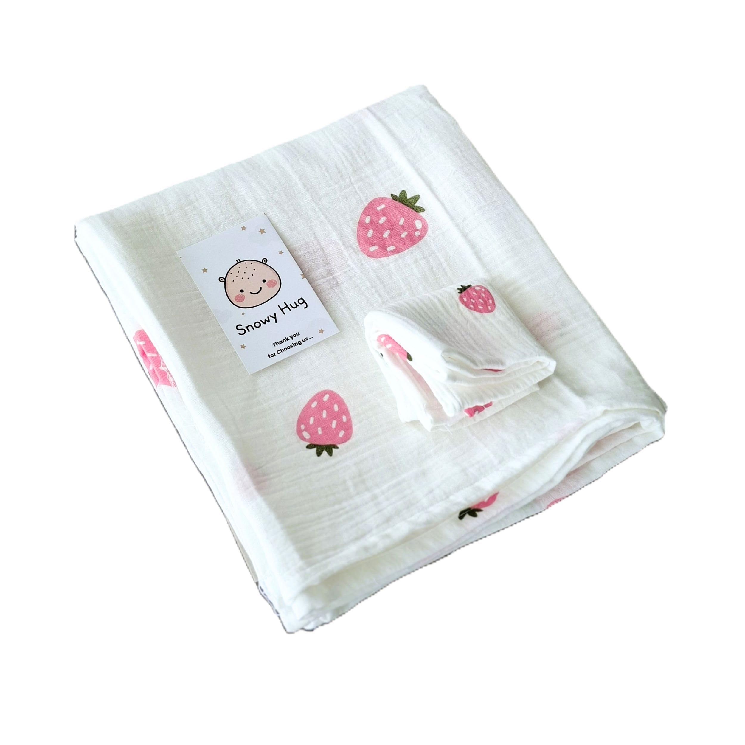 Snowy Hug Swaddle for New Born Baby 100% Soft Cotton Muslin | Lightweight, Breathable & Skin-Friendly Multipurpose Swaddlers Wrap Set Combo with Wash Cloth (Size- 105x100 cm) (Strawberry) Pack of 1-image-15
